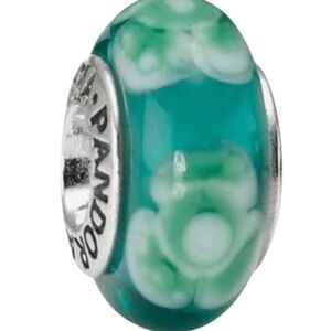 Pandora handcrafted murano glass turquoise flower bead  Charm 925 silver core